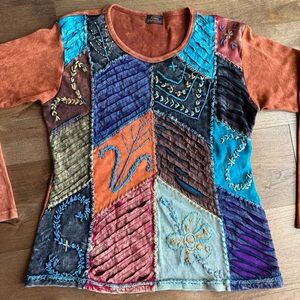 Rising International XL Boho Patchwork Top 100% Cotton Long Sleeve Nepal